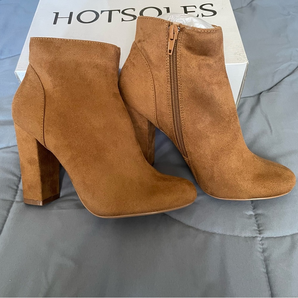 camel chunky heel ankle booties